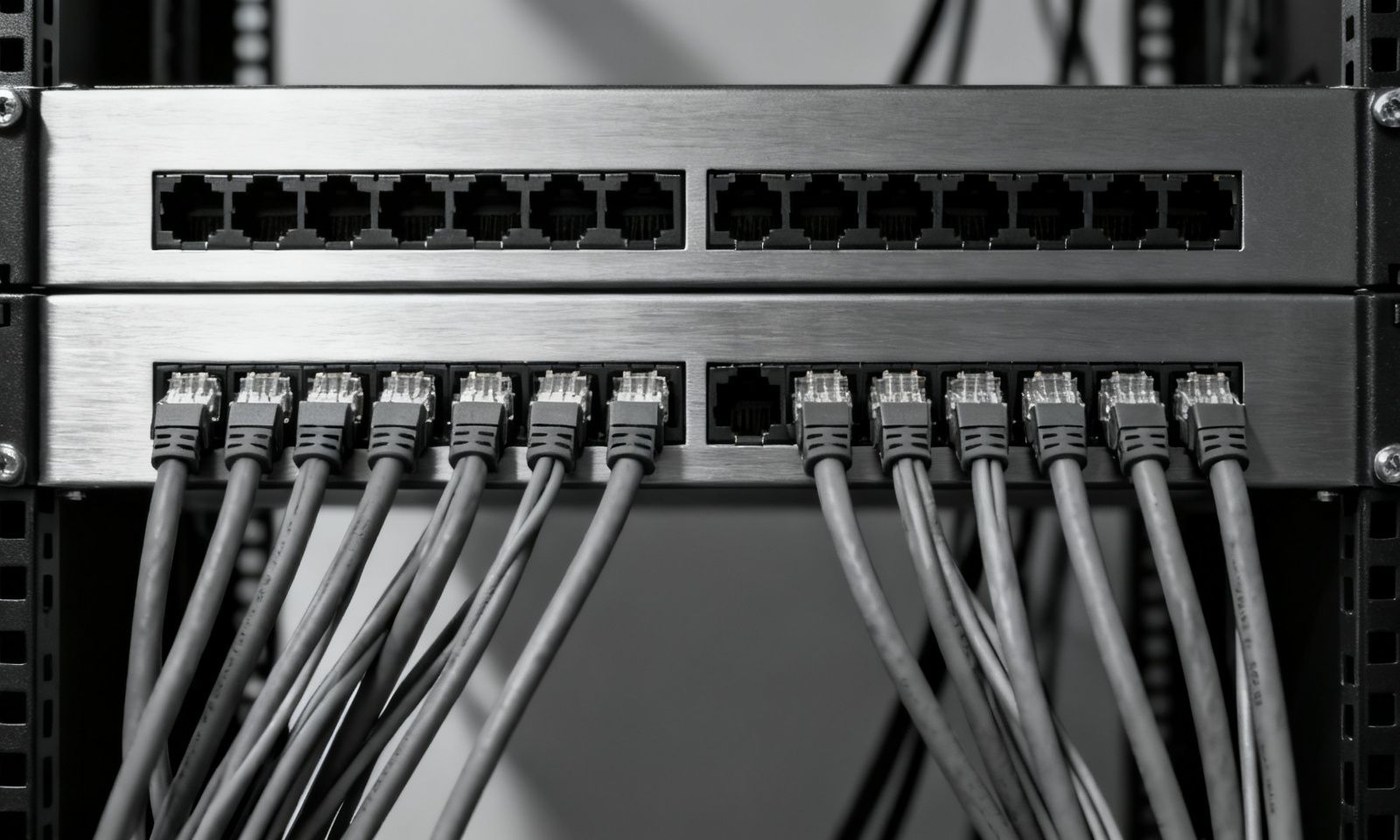 Patchfeld in einem Netzwerkschrank, geordnete Netzwerkkabel in nummerierten Ports