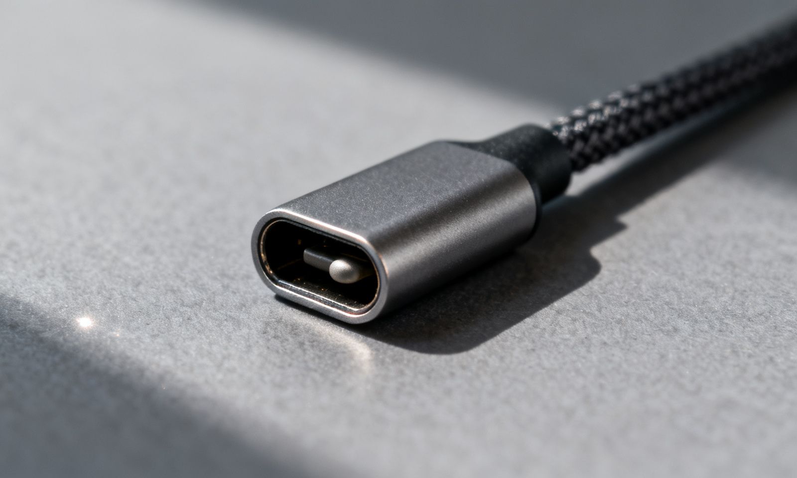 Makroaufnahme eines USB-C-Steckers, das Metallgehäuse und die abgerundete Kontaktzunge im Schnitt