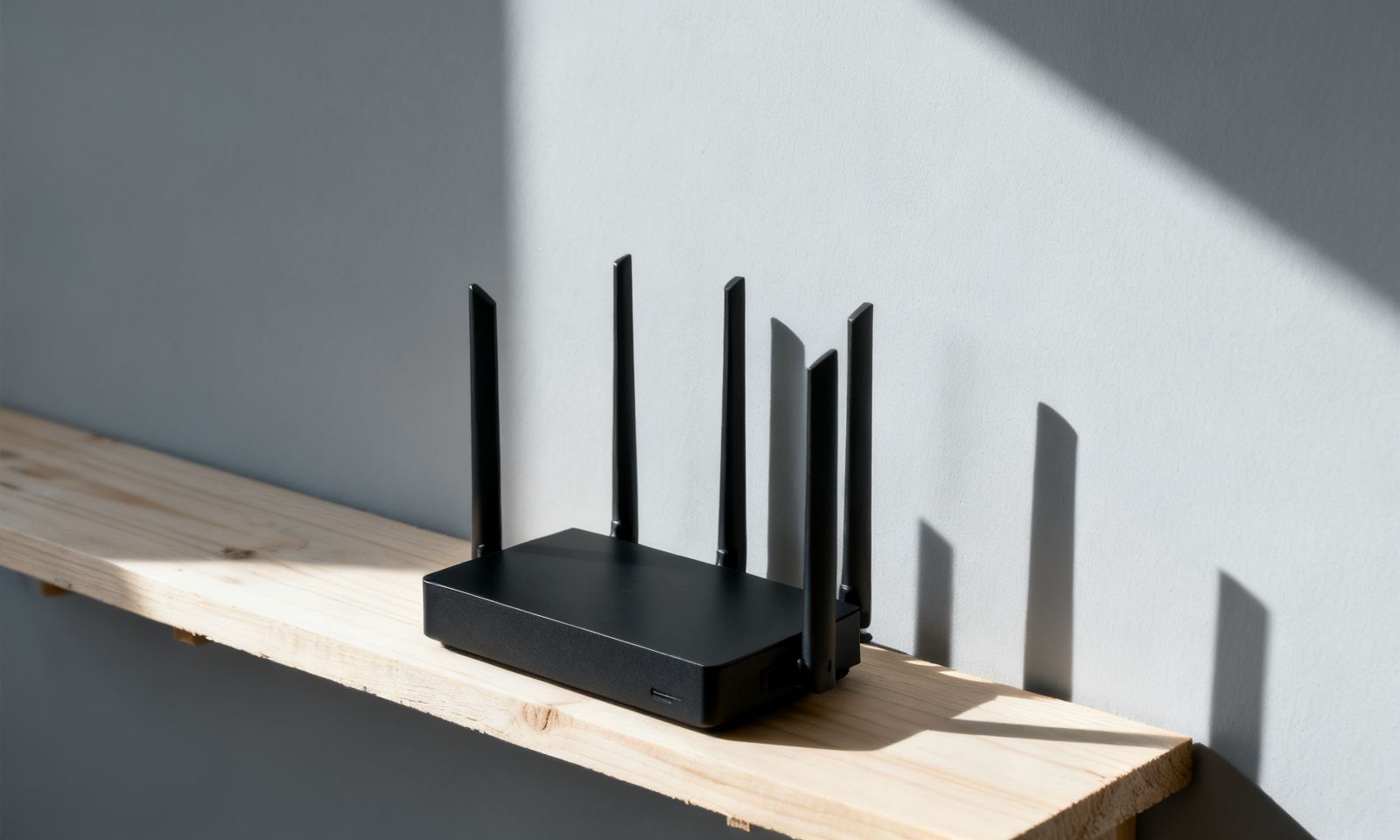 WLAN-Router mit aufgestellten Antennen auf einem Regalbrett vor einer Wand